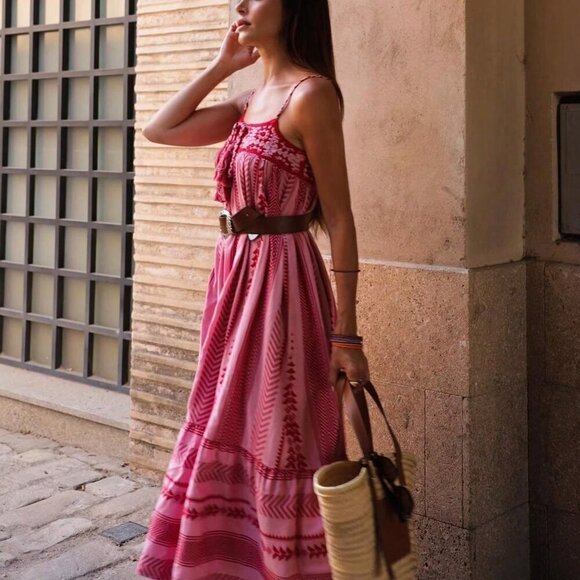 Pink Boho Women's Sleeveless Spaghetti Strap Flowy Beach Maxi Dress - Picture 3 of 6